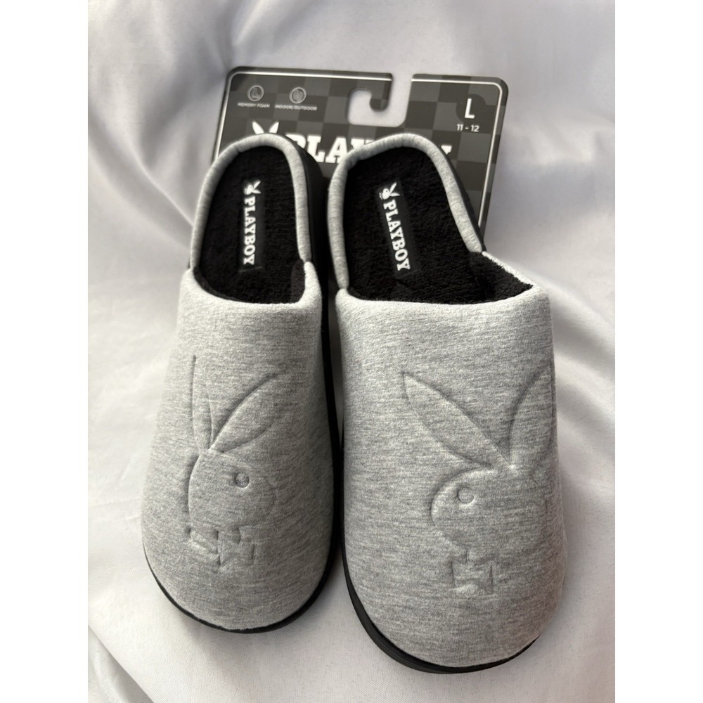 NEW Playboy SLIPPERS Bunny Logo Men's Large 11-12 Gray & Black Slip On Slippers